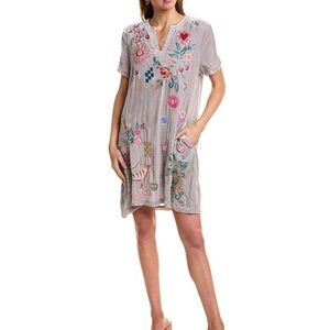 Johnny Was Velvet Carmene V-Neck Shift Dress Silver Peony Small